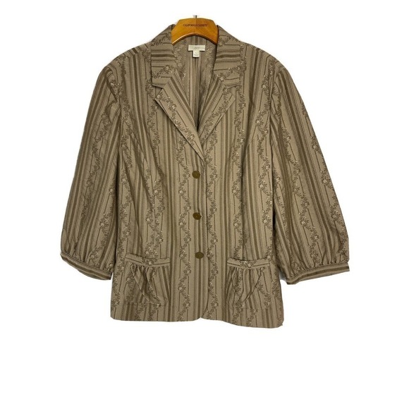 J. Jill Women's Large Green Blazer Jacket Floral Print Button-Front Cotton Light - Picture 1 of 9